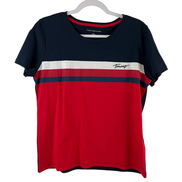 Tommy Hilfiger Tops - Tommy Hilfiger Large Women Essentials Embroidered Logo T-Shirt Blue Red White